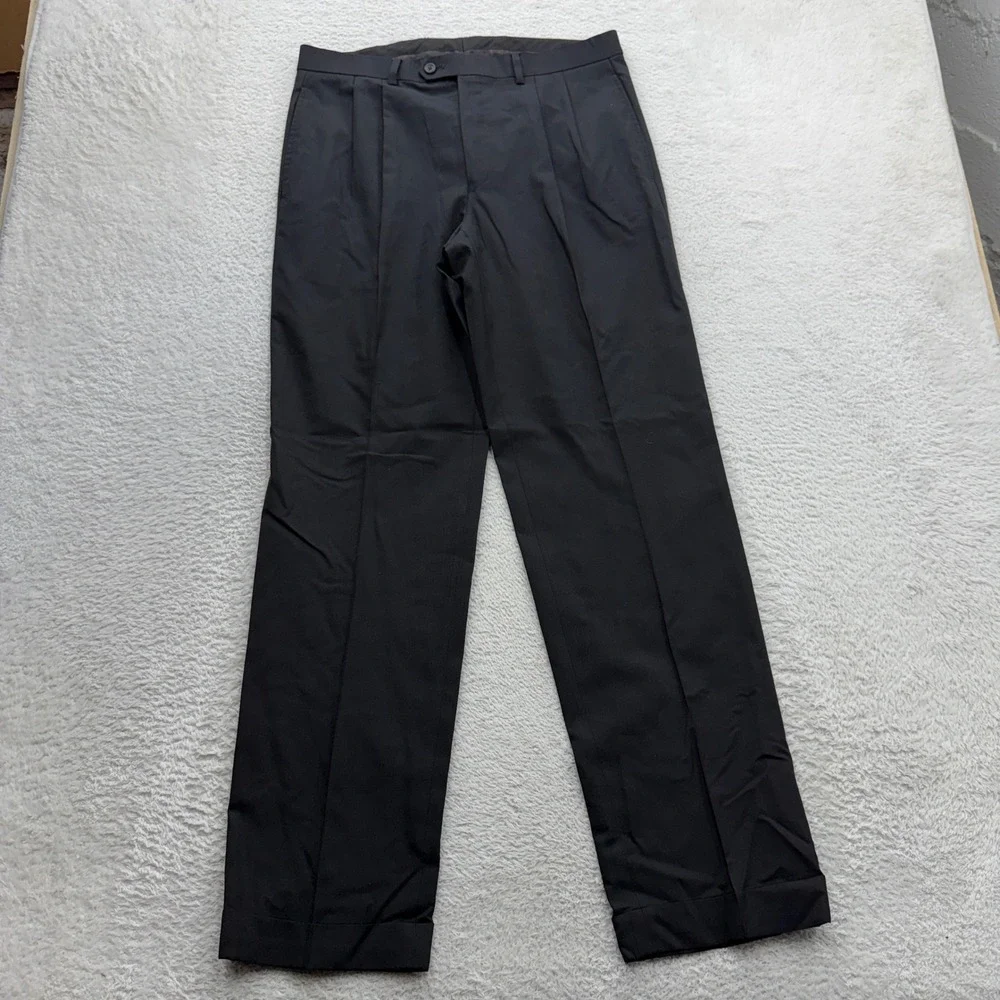 Lauren Ralph Lauren Mens Black 100% Wool Pleated Cuffed Dress Pants 32W 32L